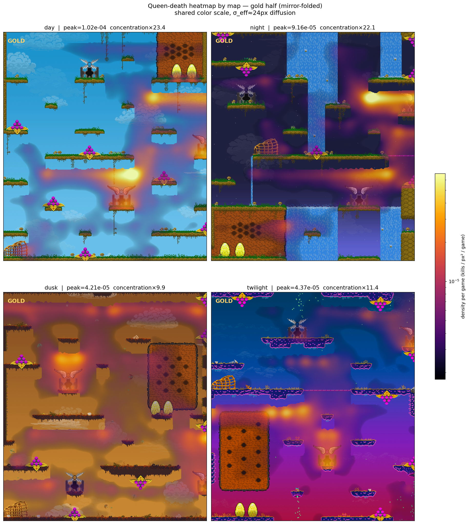 Per-game queen-death density per map